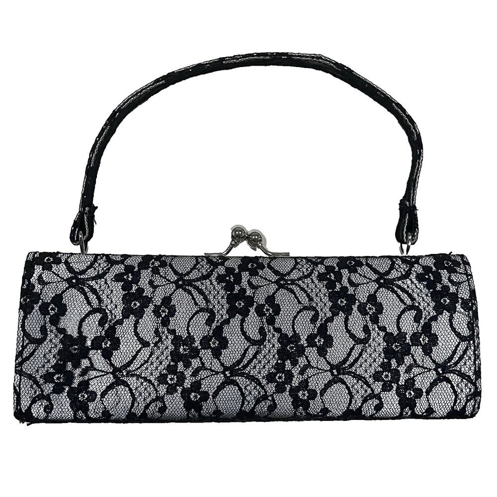 Elegant Vintage-style Black Lace Silver Clutch Purse Handbag 8.5 In Wedding Prom